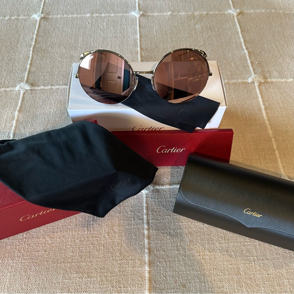 NWT Cartier | Gold Panther Pink Round Sunglasses CT0149S 003 New in Box $1395 - Picture 3 of 7
